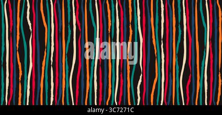 Retro seamless pattern hand drawn colorful paint lines on black. Vector summer 70s rainbow line abstract background. 80s art striped illustration Stock Vector