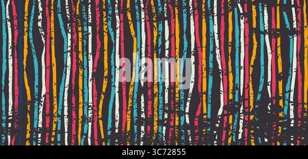 Retro distressed seamless pattern hand drawn colorful paint lines on black. Vector summer rainbow line abstract background. Scratched art striped wrap Stock Vector