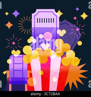 Vector flat geometric illustration with popcorn, cinema ticket, chair, stars, and fireworks. Design elements for movie night posters, film festival ad Stock Vector