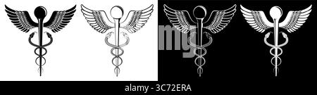 Gold Caduceus Medical Icon Vector Monochrome Stamp element set. Medical Snake Rod with Wings Caduceus Black White Tattoo Logo Sign Template Vector Stock Vector