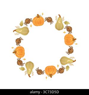 Cute boho style Halloween wreath featuring pumpkins, pears, and smiling spiders, perfect for spooky yet cozy seasonal designs. Stock Vector