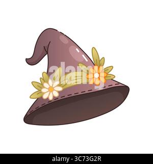 Hand drawn boho style witch hat decorated with soft floral elements, perfect for cozy autumn, Halloween, or magical seasonal designs. Stock Vector