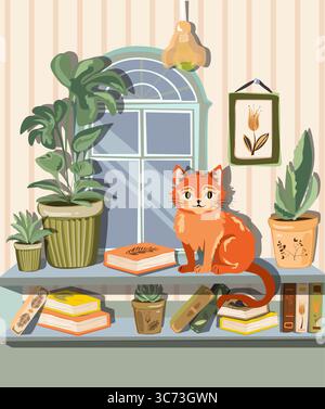 A room with a large window and with different books,potted plants and a cat on it. Cute cartoon style illustration Stock Vector
