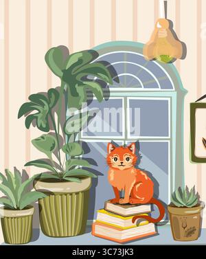 A room with a large window and with different books,potted plants and a cat on it. Cute cartoon style illustration Stock Vector