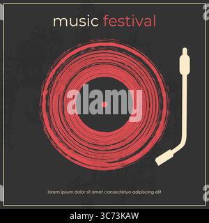 Retro music festival poster design with vinyl record player silhouette on black background. Music festival template with vinyl record. Vector illustra Stock Vector