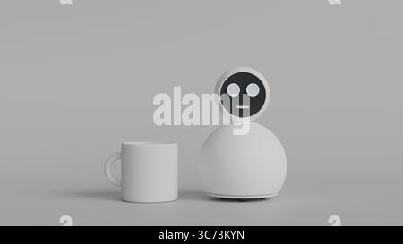 Model of a round white home assistant robot with a face screen and a white cup standing next to it on a light gray background, representing the concep Stock Photo