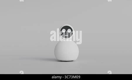 3D model of round white home assistant robot with face screen on gray background as concept of intelligent robotics for home use Stock Photo