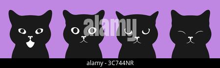 Black cat portraits set. Set of black cat faces with different emotions. Vector illustration Stock Vector