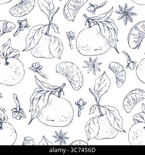 Seamless illustration, hand drawn line art graphics with tangerines, leaves, slices and spices. This festive ink pattern is great for packaging, gift Stock Vector