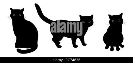 Black cats with big green eyes in different poses. Cat is sitting front view and profile, standing cat. Vector illustration Stock Vector