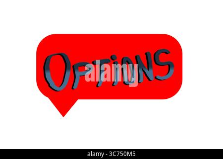 Red speech bubble with the text Options written in dark blue. Downward arrow. Icon. Illustration. Internet Stock Photo