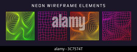 Colorful wireframe shapes, lined perspective mesh, 3d grid. Low poly geometric elements. Retro futuristic design elements, y2k, vaporwave and Stock Vector
