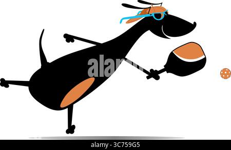 Cute dog playing pickleball. Cartoon dachshund plays pickleball. Isolated on white background Stock Vector