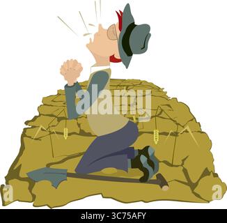 Sad farmer. Drought on the farmer field. Agriculture in danger. Kneeling farmer prays for rain. Concept on the theme of drought, global warming Stock Vector