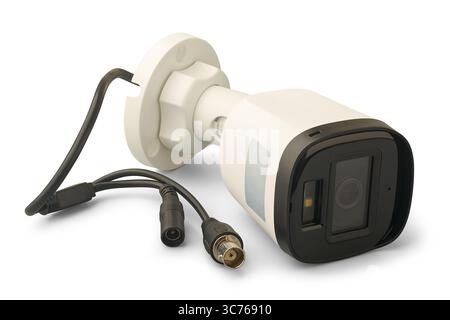 bullet style security or surveillance camera with its connectors isolated white background, side view of CCTV equipment with infrared LED Stock Photo