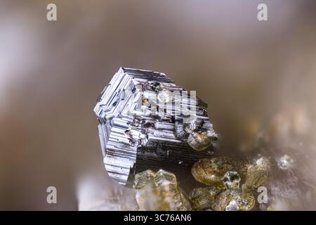 Rutile with green Clinochlore on Adularia. Specimen from Große Fleiß valley, Austria. Micro photography extreme close-up. microscope mineral crystal Stock Photo