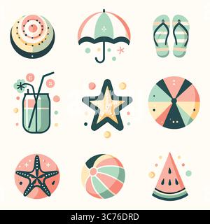 Summer Vacation Icons: Beach, Drinks, and Fun, collection of pastel-colored summer icons, including beach balls, starfish, flip-flops, umbrellas, wate Stock Vector