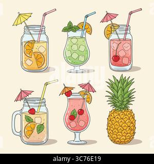 Summer Cocktails: Vibrant Mason Jar & Hurricane Drinks Illustration Stock Vector