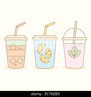 Cute Pastel Drinks: Iced Coffee, Lemonade, and Smoothie Illustration, three pastel-colored cups of drinks. The first cup is iced coffee with ice cubes Stock Vector