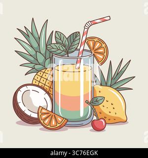 Tropical Fruit Smoothie: Vibrant Summer Drink Illustration, Pineapple, Coconut, Lemon, Orange, Cherry, tropical fruit smoothie, adorned with pineapple Stock Vector