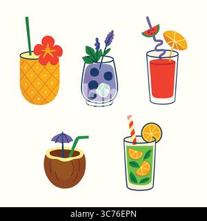 Tropical Cocktail Collection: Vibrant Summer Drinks,collection of five hand-drawn tropical cocktails. Each drink features unique garnishes and refresh Stock Vector