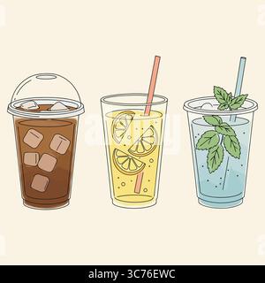 Refreshing Summer Drinks: Iced Coffee, Lemonade, & Mojito Illustration, featuring three popular summer beverages: iced coffee, refreshing lemonade, Stock Vector