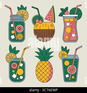 Tropical Fruit Drinks: Mason Jar & Glass Cocktails, Pineapple, Watermelon, six refreshing summer beverages. The illustration features mason jar cockta Stock Vector