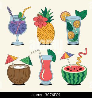 Summer Cocktails: Tropical Drinks & Refreshing Beverages, featuring a collection of summer cocktails, including fruity drinks served in various glasse Stock Vector