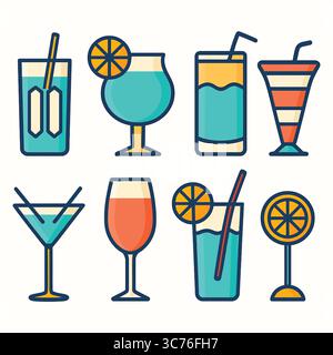 Collection of eight colorful cocktail icons. Each icon depicts a different type of mixed drink in a unique glass, some with garnishes like straws and Stock Vector