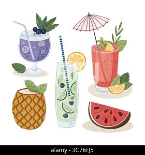 Summer Cocktails: Illustrated Collection of Refreshing Drinks with Fruits Stock Vector