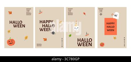 Minimalist halloween posters with pumpkins, ghosts, and leaves design. Stock Vector