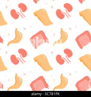 Seamless pattern with human abdominal organs - stomach, liver, kidneys, and intestines with decorative stars. Concept of abdominal health, digestion, Stock Vector