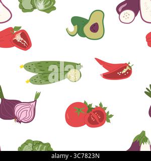 Colorful vegetable pattern with tomatoes, peppers, cucumbers, avocado, and eggplant. Stock Vector
