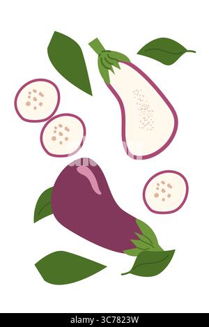 Colorful eggplant and sliced guava with leaves illustration. Contemporary minimal vegetable poster with bright colors. Modern vertical design. Stock Vector