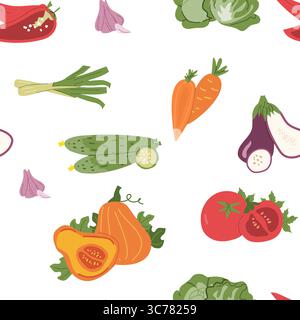 Seamless pattern of fresh vegetables: carrots, cucumbers, tomatoes, and more. Stock Vector