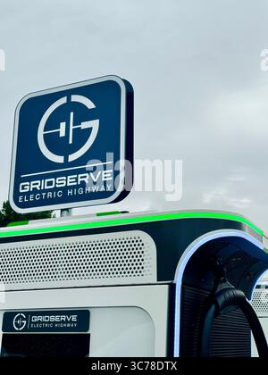 GRIDSERVE EV charging station at Ferrybridge Services M62. A technology-enabled electric vehicle charging and sustainable green energy business. Stock Photo