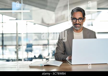 Smiling middle aged business man executive sitting at desk using laptop. Stock Photo
