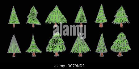 Set of Christmas tree doodles in pastel charcoal style. Hand-drawn by children on black blackboard using white wax and squiggle lines. Vector Xmas Stock Vector