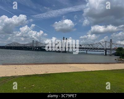 The John F. Kennedy Memorial Bridge and Abraham Lincoln Bridge across the Ohio River in Louisville, Kentucky, which both carry Interstate 65. Stock Photo