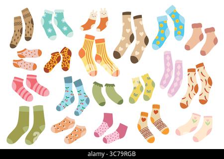 Large set of socks with colorful patterns isolated on white Stock Vector