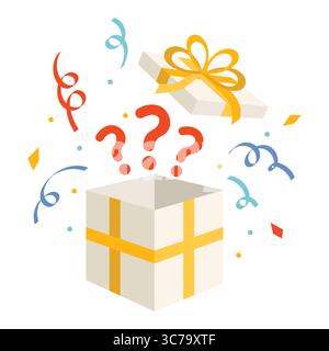 White mystery gift box with yellow bow, open lid, and floating question marks. Bright surprise element for celebration, quiz, or festive concept in fl Stock Vector