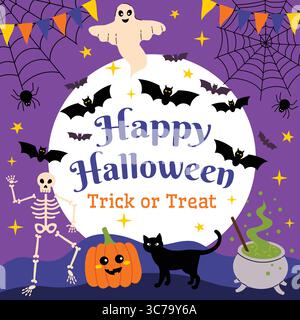 Cute Happy Halloween card with big white moon, bats, spider web, pumpkin, ghost, black cat, skeleton and cauldron on dark purple background. Festive s Stock Vector