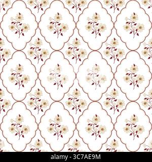 Rustic Romantic Meadow yellow Flowers and scallop rhombuses Vector Seamless Pattern. Cottagecore Garden Flowers print Stock Vector