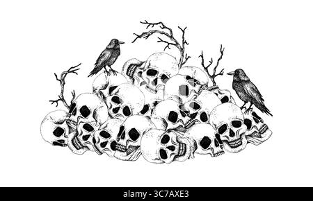 Black crows sit on a pile of skulls with dry branches. Graphics illustration with white background. Hand drawn vector in Gothic style for Halloween Stock Vector