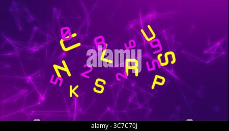 Floating neon alphanumeric characters rotating in digital environment, with glowing magenta network Stock Photo