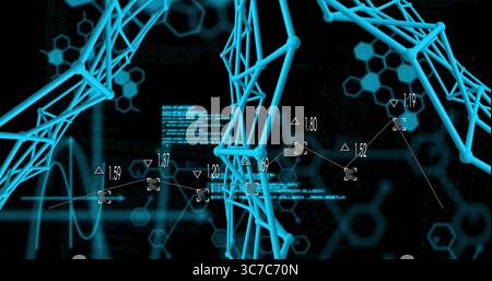 Displaying 3D cyan wireframe mesh pulsing with numeric annotations in digital interface Stock Photo