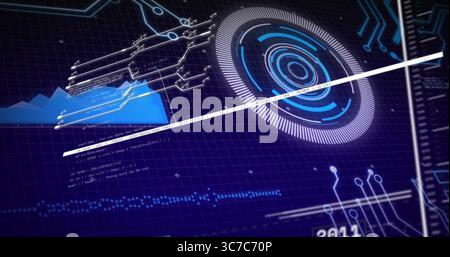 Projecting holographic circular interface rotating over grid in futuristic control HUD, copy space Stock Photo