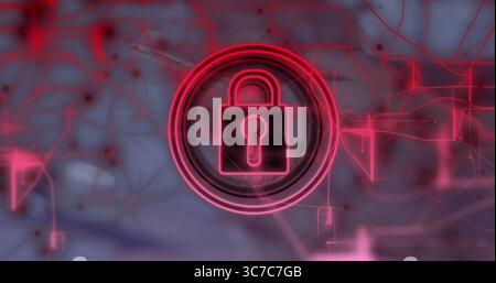 Pulsating neon red padlock icon rotating in glowing rings in network interface, glowing data nodes Stock Photo