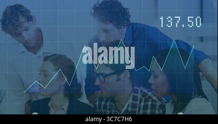 Six professionals in business attire are analyzing financial data in office, with chart overlay Stock Photo