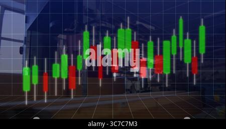 Floating 3D candlestick chart with grid and red green bars hovering on factory floor with tanks Stock Photo
